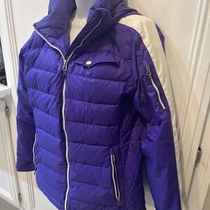 Marmot Puffer Long Down Purple  White Jacket 650 Fill Coat Hooded So M Women’s